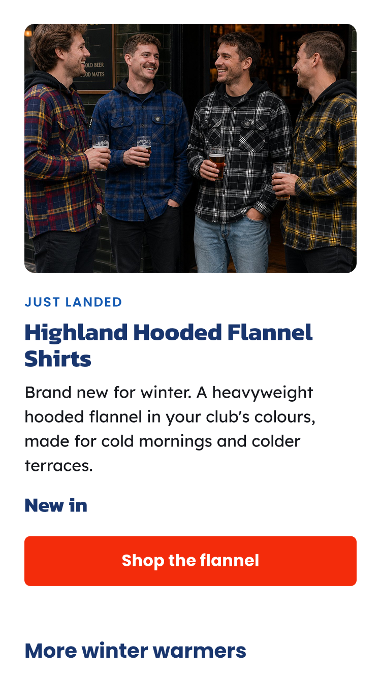 Four men outside a pub wearing the new AFL Highland Hooded Flannel Shirts
