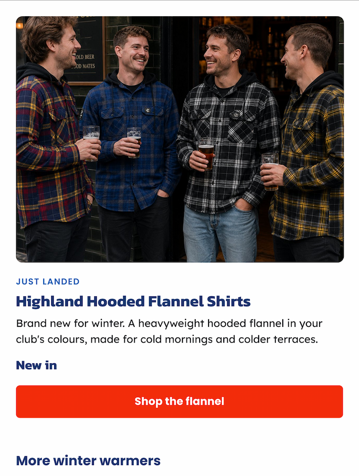 Four men outside a pub wearing the new AFL Highland Hooded Flannel Shirts