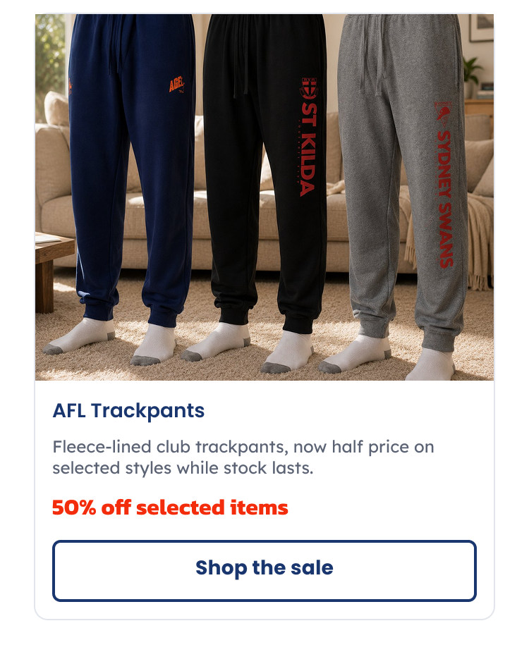 A range of AFL Trackpants on display in a living room
