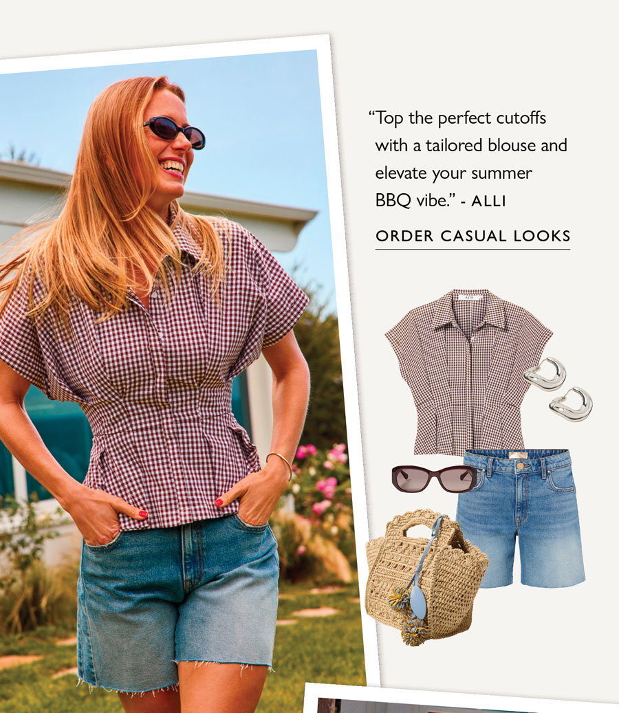 "Top the perfect cutoffs with a tailored blouse and elevate your summer BBQ vibe." -Alli. Order casual looks. Image of Trendsend themebox casual summer look.
