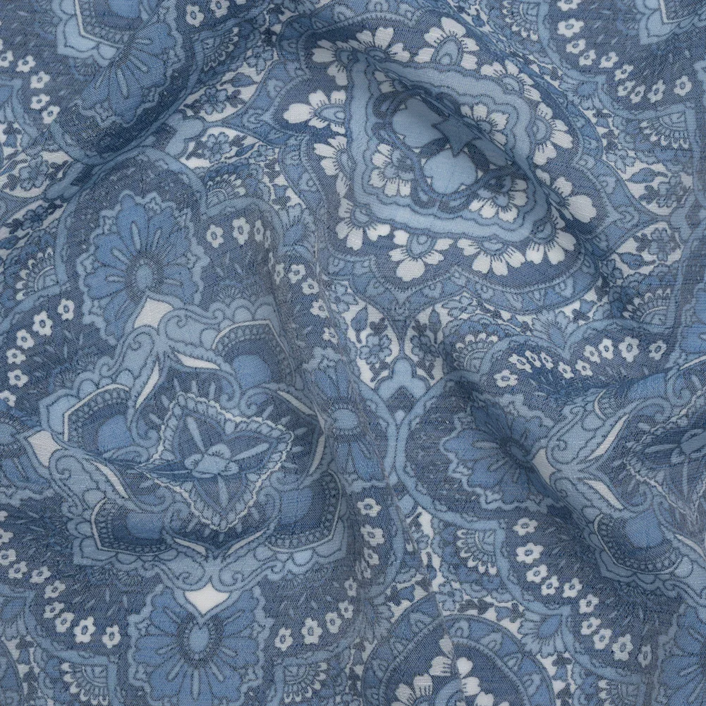 Image of Textured Gauzy Rayon and Polyester Woven Print - Steel Blue, Sky and White Fancy Floral Medallions - Designer Deadstock