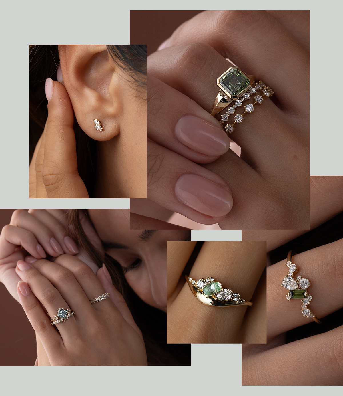 Overview of several pieces in the Greens Drop, shown being worn by models in a collage of photos
