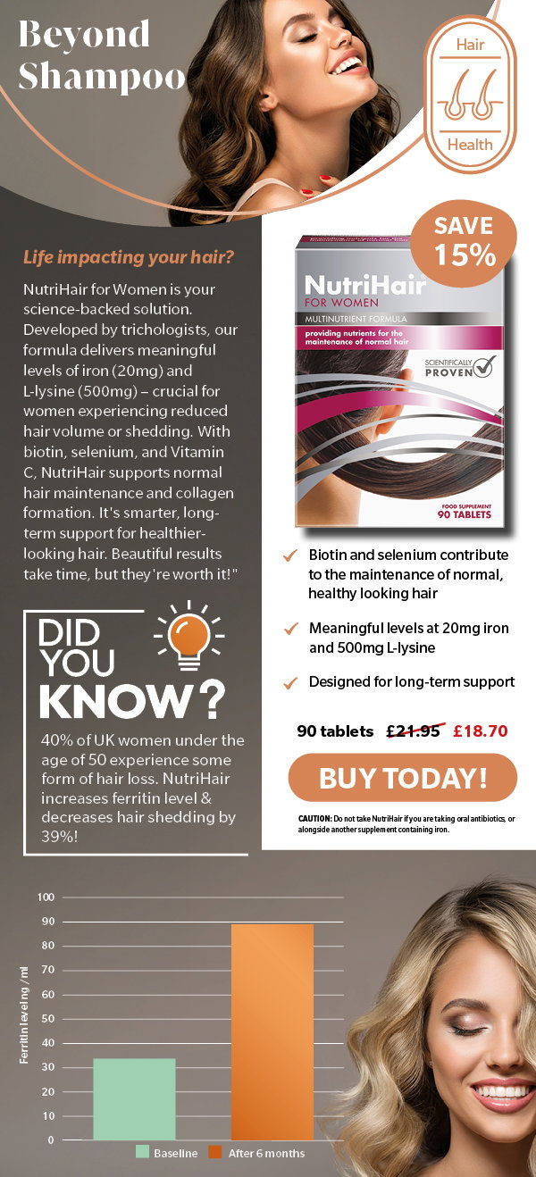 Developed by trichologists, our formula delivers meaningful levels of iron (20mg) and L-lysine (500mg) – crucial for women experiencing reduced hair volume or shedding.