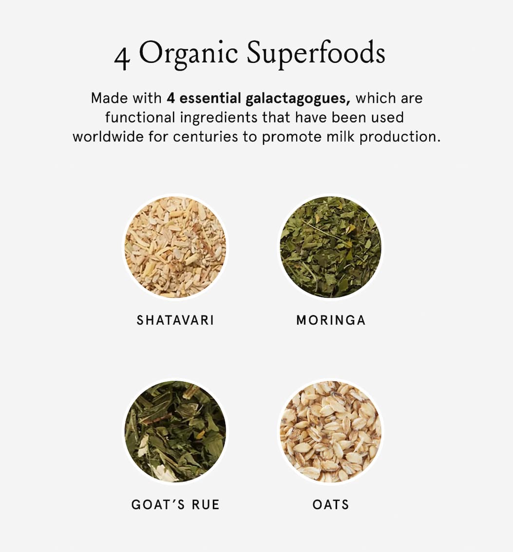 4 Organic Superfoods. Made with 4 essential galactagogues, which are functional ingredients that have been used worldwide for centuries to promote milk production. Shatavari. Moringa. Goat's rue. Oats.