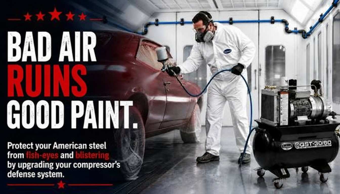 Man in protective gear sprays a car, with text about protecting paint from bad air.