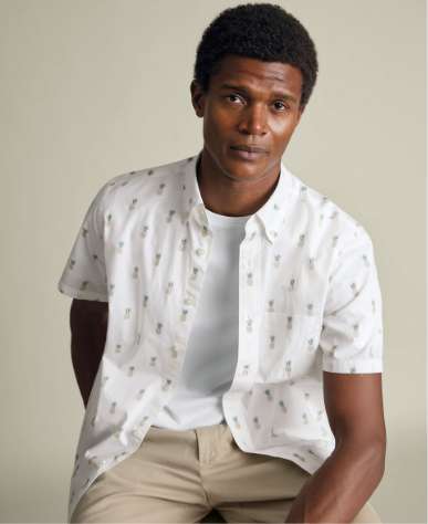 Short Sleeve Stretch Washed Poplin Print Shirt - White
