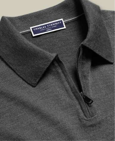 Pure Merino Wool Quarter Zip Polo - Grey