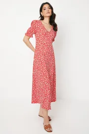 Red Ditsy V Neck Short Sleeve Jersey Midi Dress