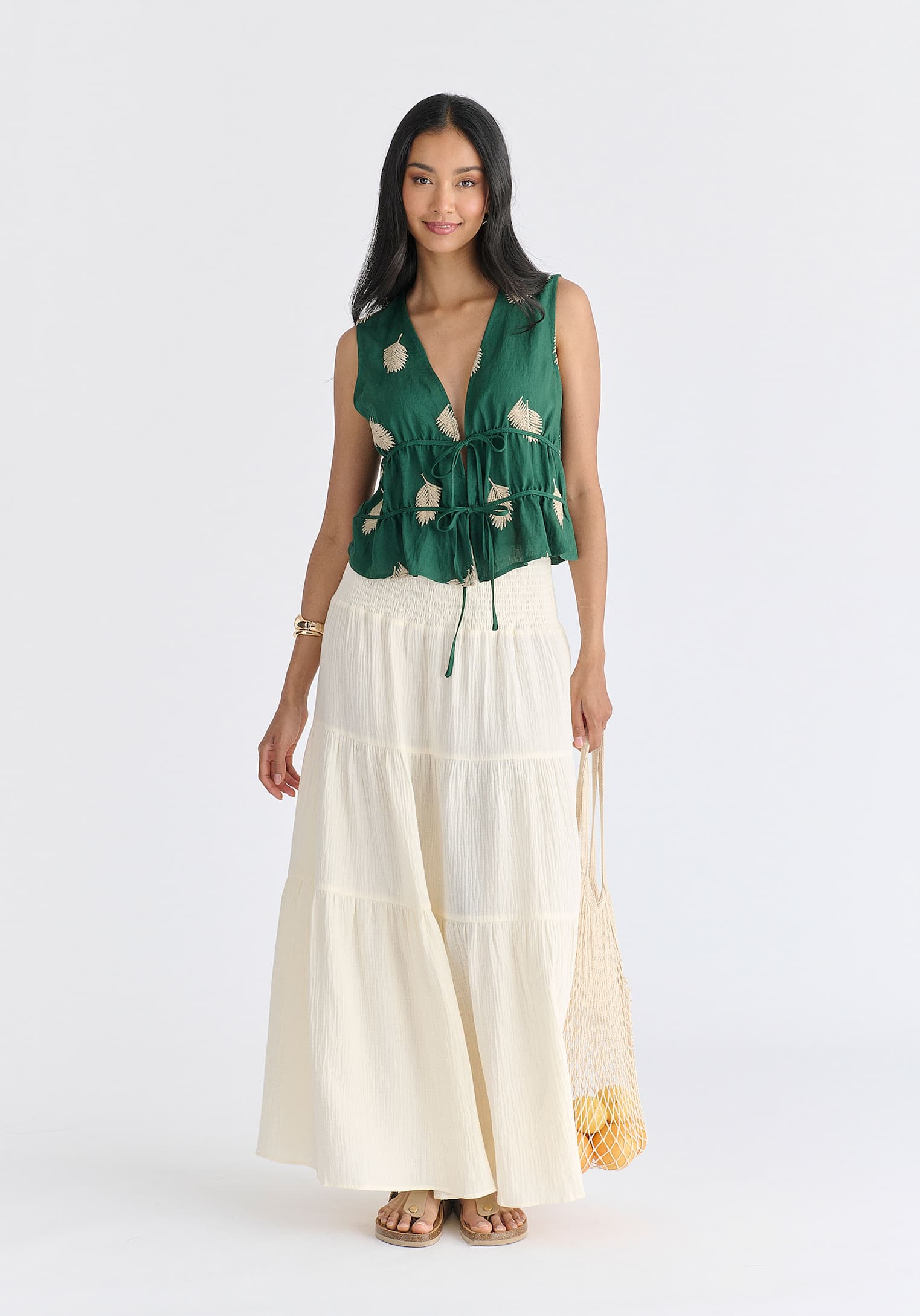 Leaf Embroidered Tie Front Waistcoat in Green