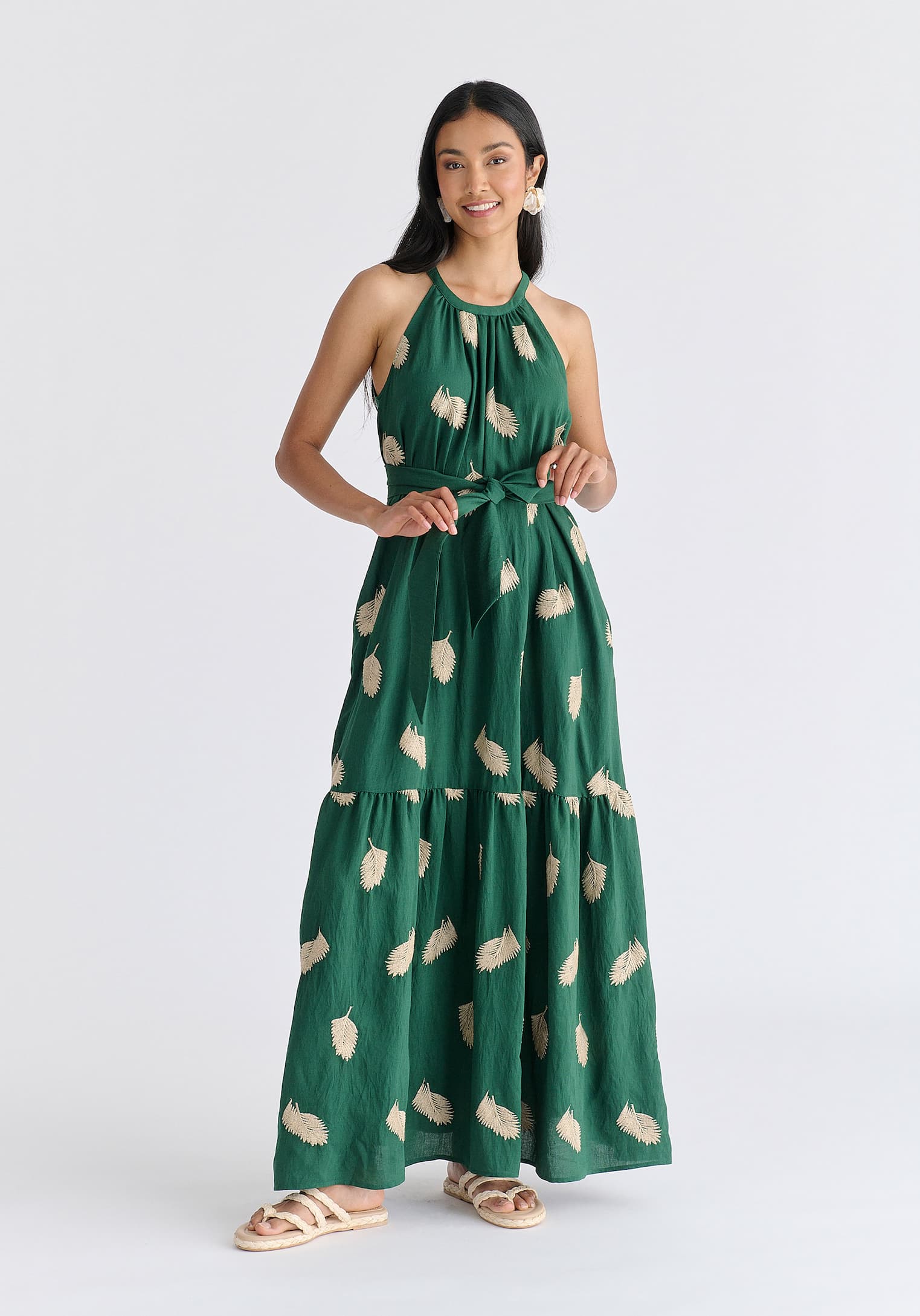 Leaf Embroidered Halterneck Maxi Dress in Green