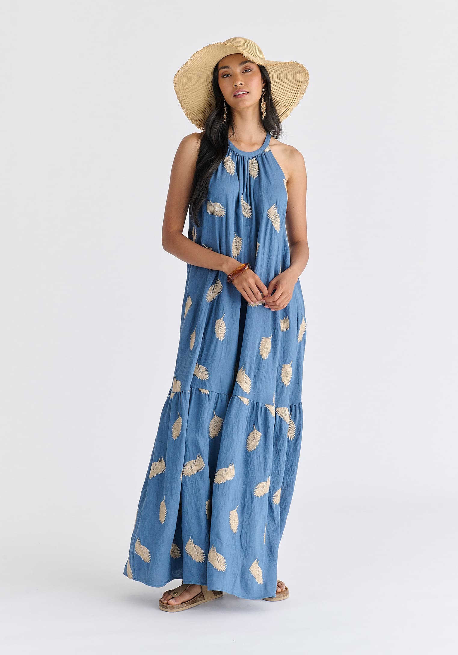 Leaf Embroidered Halterneck Maxi Dress in Blue