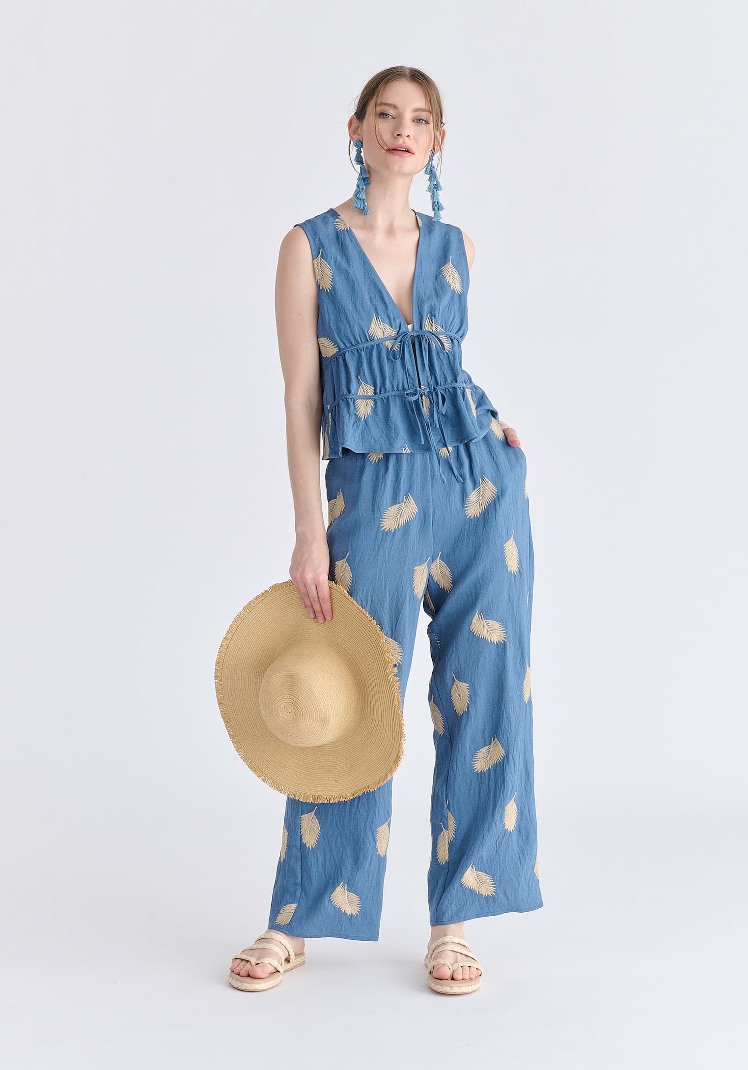 Leaf Embroidered Tie Front Waistcoat in Blue