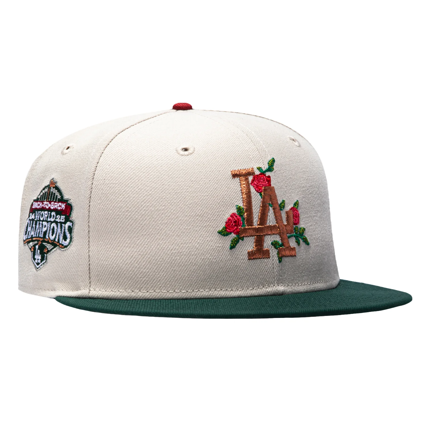 Image of New Era 59Fifty Los Angeles Dodgers Back to Back Champions Patch Rose Hat - White, Green, Metallic Copper