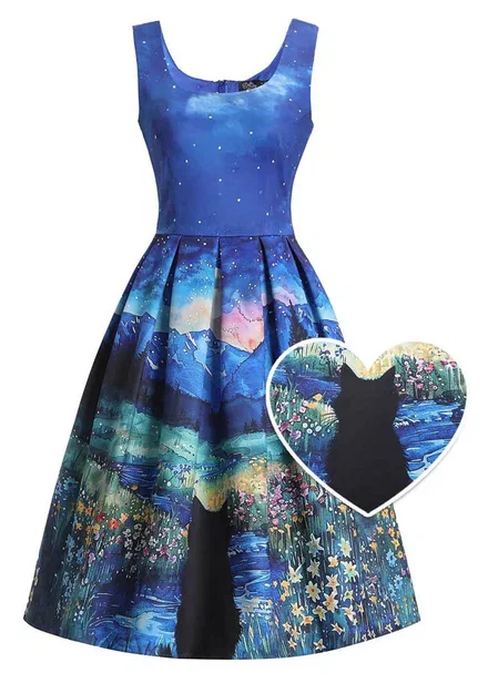 Dolly & Dotty Amanda Black Cat Starry Night Swing Jurk Navy