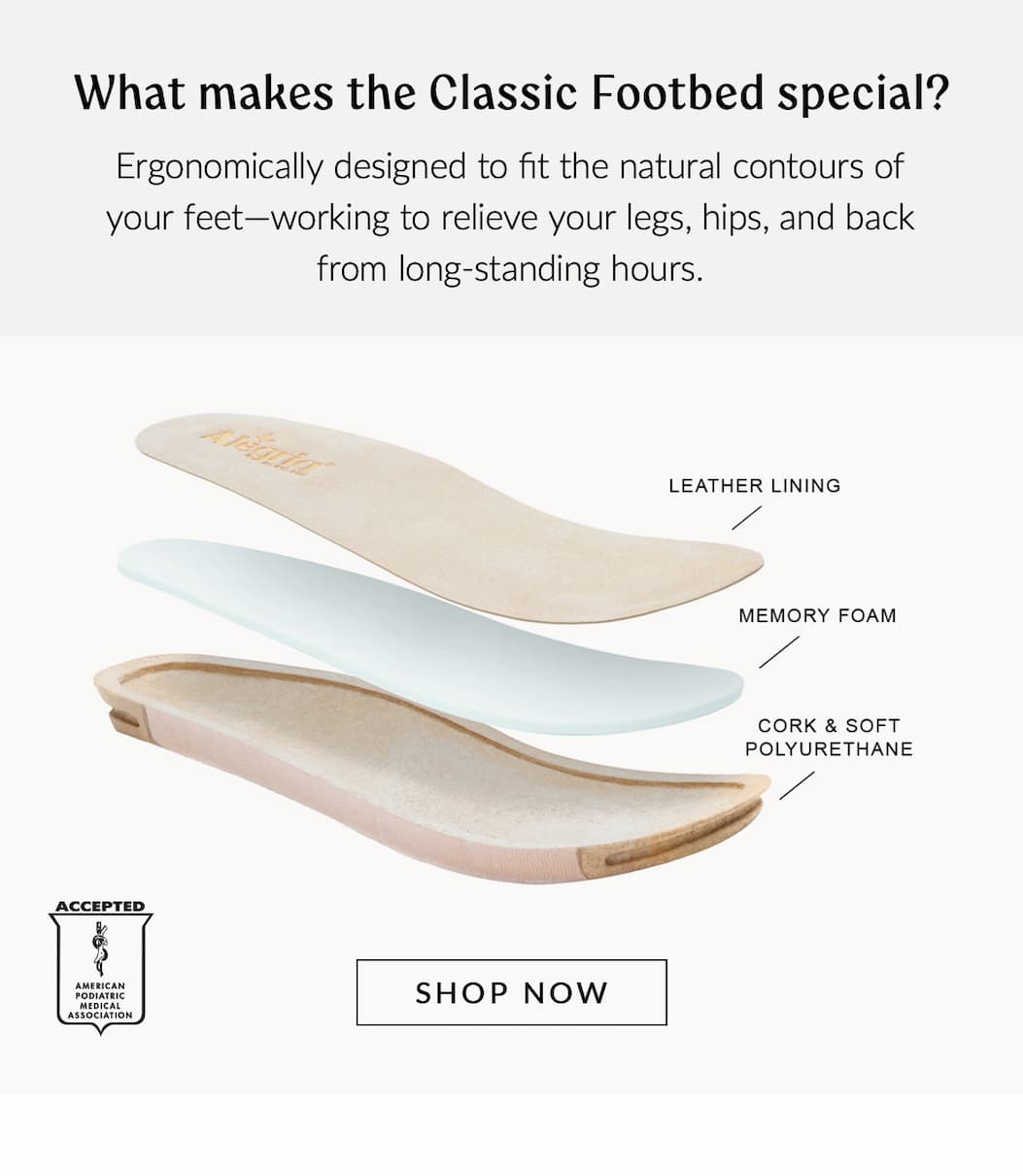 Exploded view of the Alegria Classic Footbed showing its layered construction with leather lining, memory foam, and cork and soft polyurethane, highlighting ergonomic support for all-day comfort.