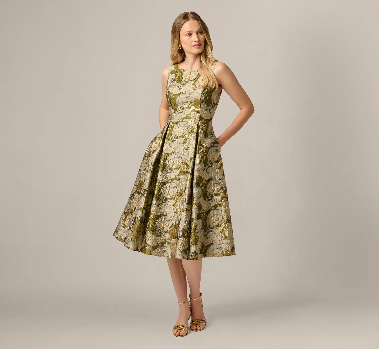 Image of Floral Jacquard Fit And Flare Tea Length Dress In Olive Multi
