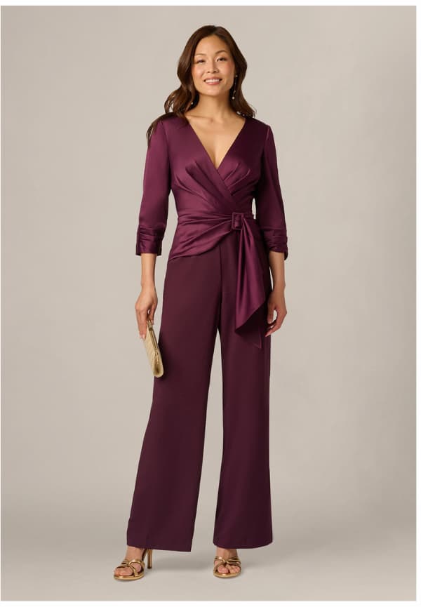 Satin Crepe Three Quarter Sleeve Jumpsuit With Buckle Waist In Bordeaux Glow