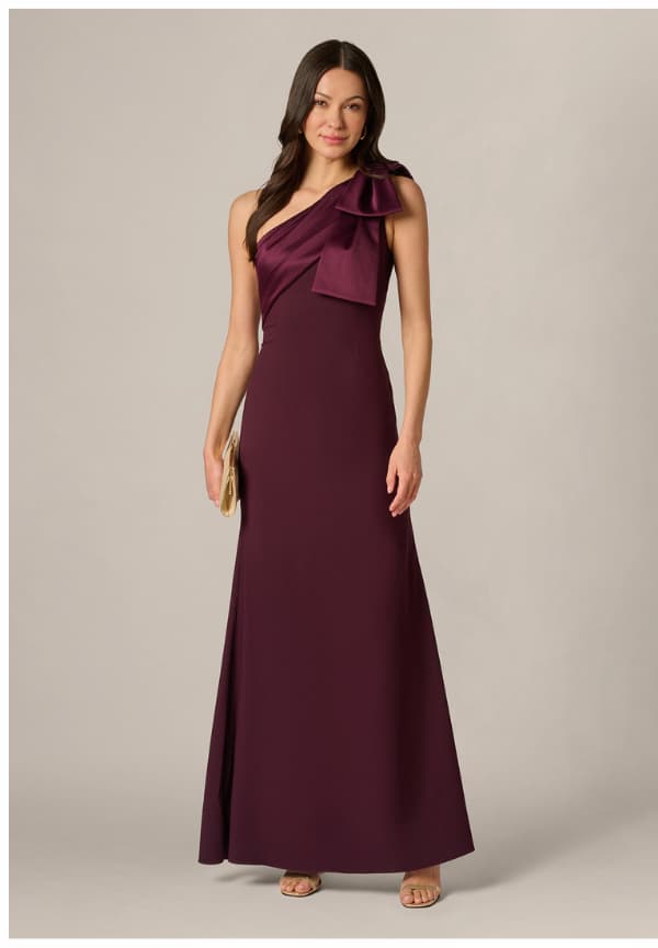 One Shoulder Satin Bow Crepe Gown In Bordeaux Glow