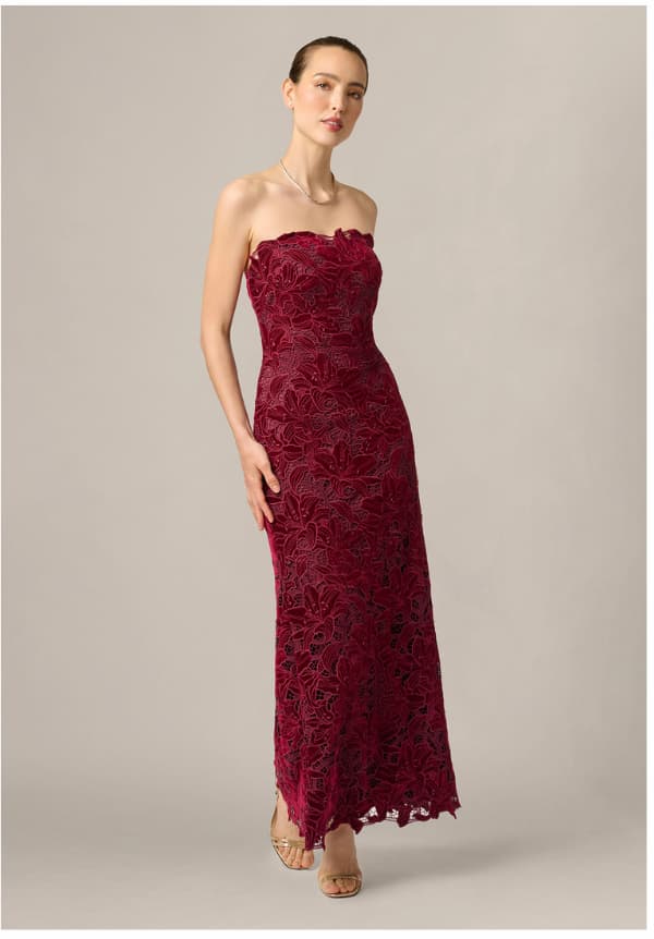 Strapless Lily Floral Velvet Lace Gown In Mahogany