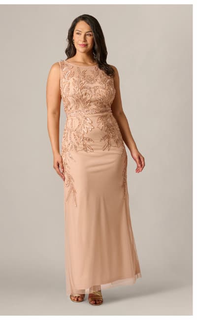 Plus Size Adrianna Papell Hand-Beaded Sleeveless Slim Column Gown In Rose Gold