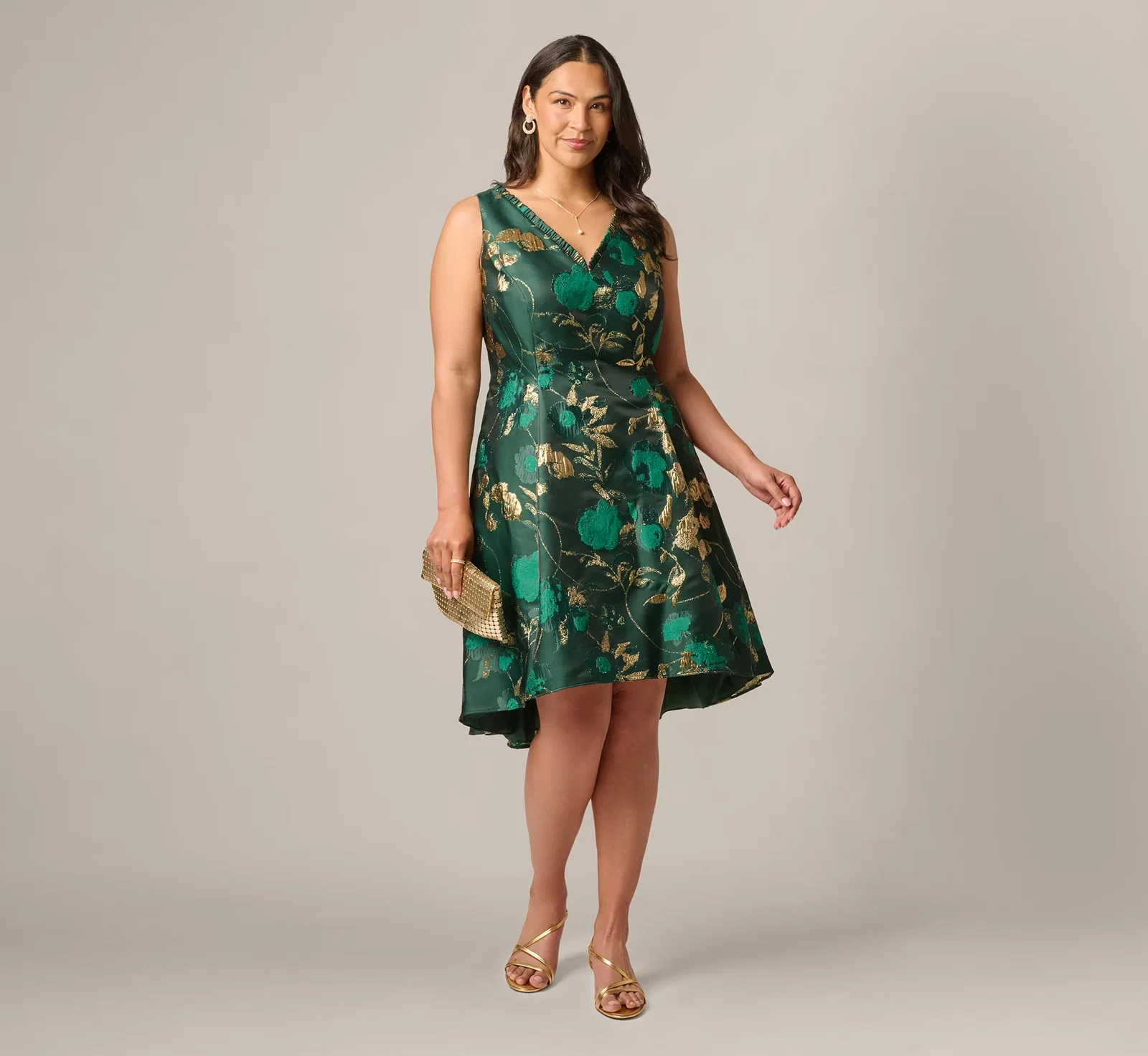 Image of Plus Size V Neck Metallic Jacquard Fit And Flare Midi Dress In Hunter Gold