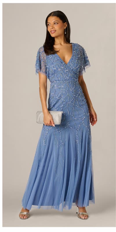 Flutter Sleeve Surplice Beaded Gown In French Blue