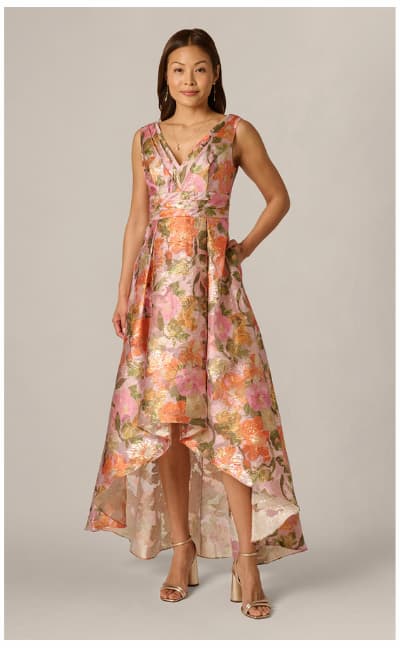 Metallic Floral Jacquard High Low Gown In Yellow Orange Multi