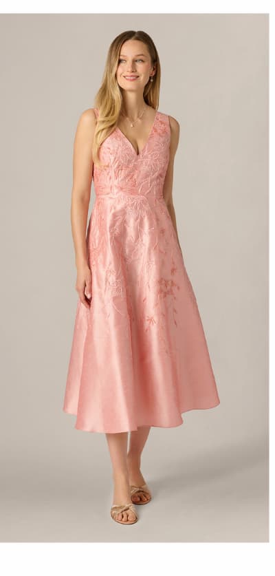 Floral Embroidered Dupioni A Line Midi Dress In Light Pink