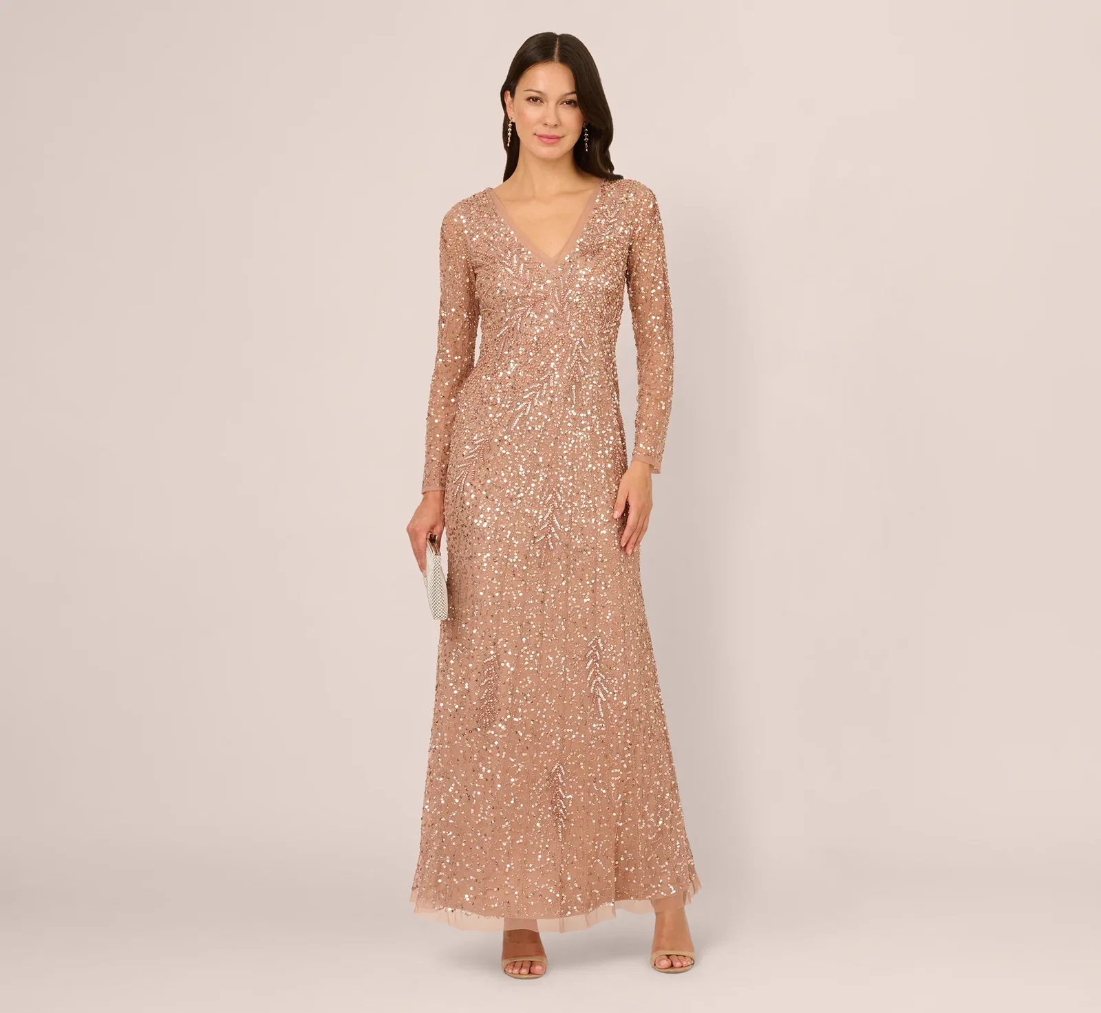 Image of Petite Long Sleeve Beaded Full Length Dress In Rose Gold