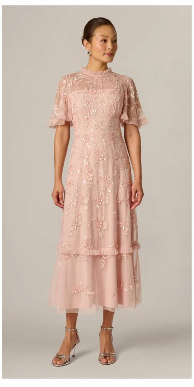 Flutter Sleeve Ruffle Floral Beaded Midi Dress In Blush Whisper