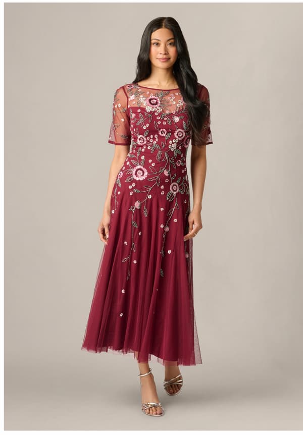 Short Sleeve Floral Beaded Sequin Ankle Length Dress In Mahogany