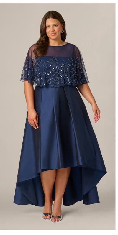 Plus Size Beaded Cape High Low Taffeta Combo Gown In Light Navy