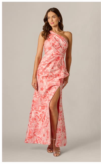 One Shoulder Floral Jacquard Draped Gown In Coral Multi