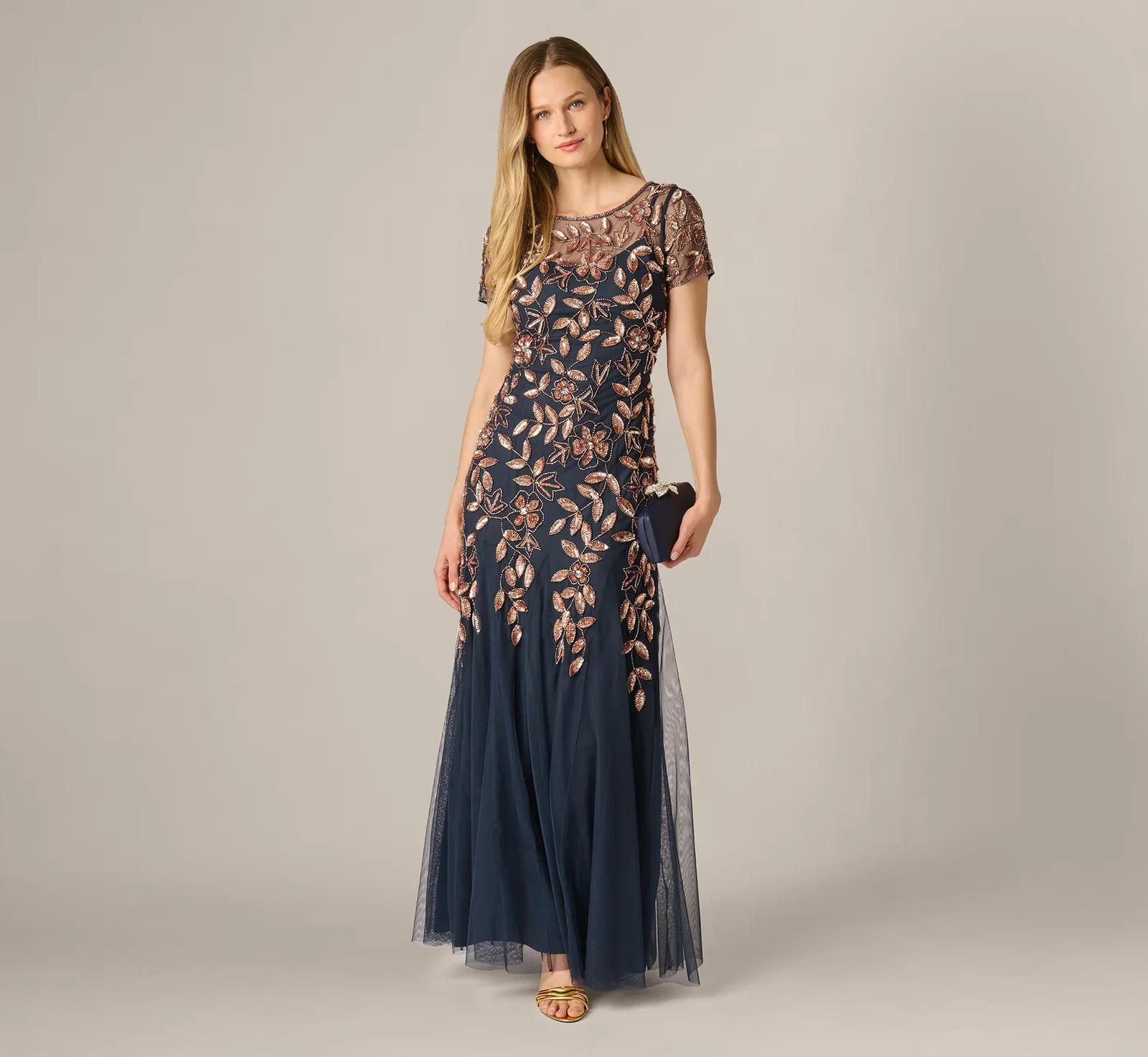 Image of Hand Beaded Short Sleeve Floral Godet Gown In Navy Rosegold
