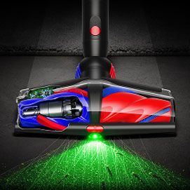 The Dyson All Floor Cones sense cleaner head illuminates hidden dust with cutaways showing the technology within.