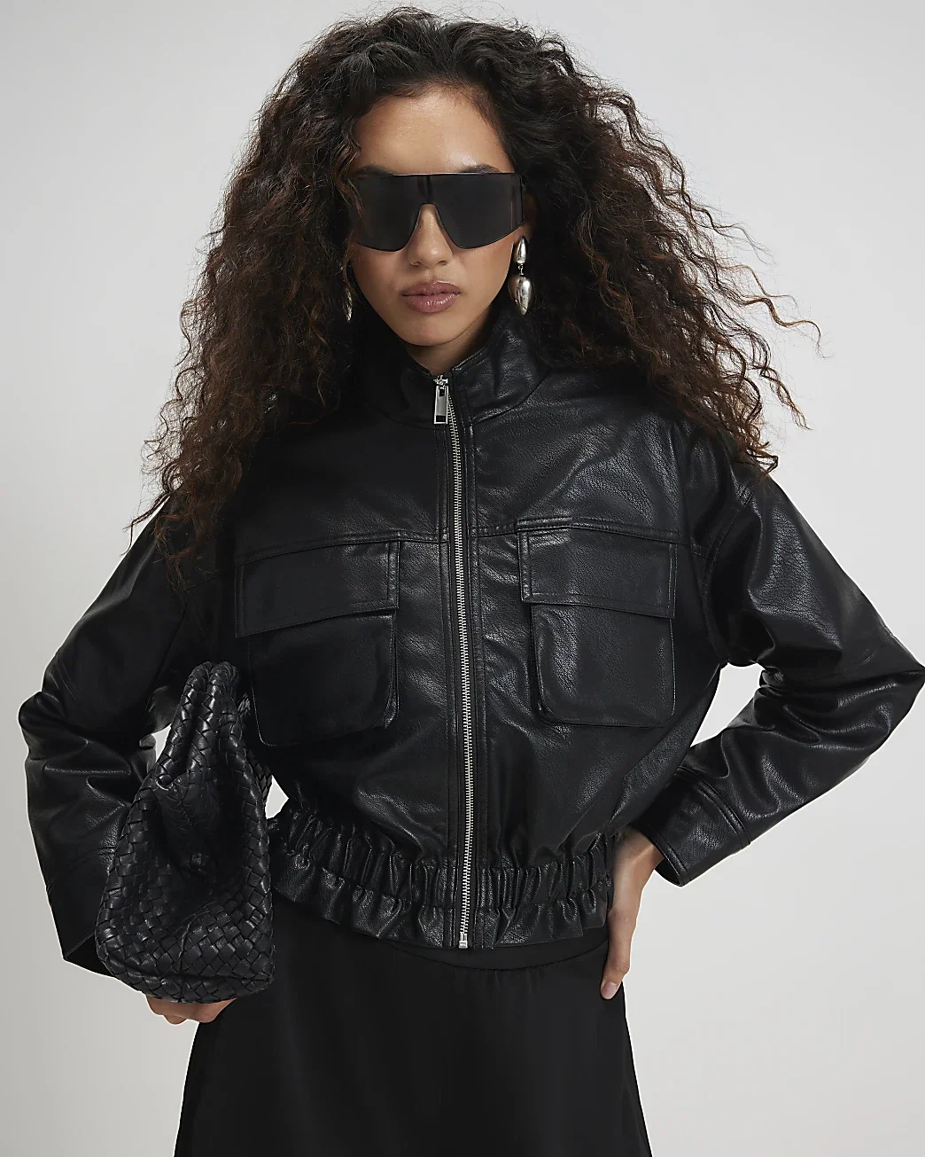 Womens Black Funnel Neck Faux Leather Jacket