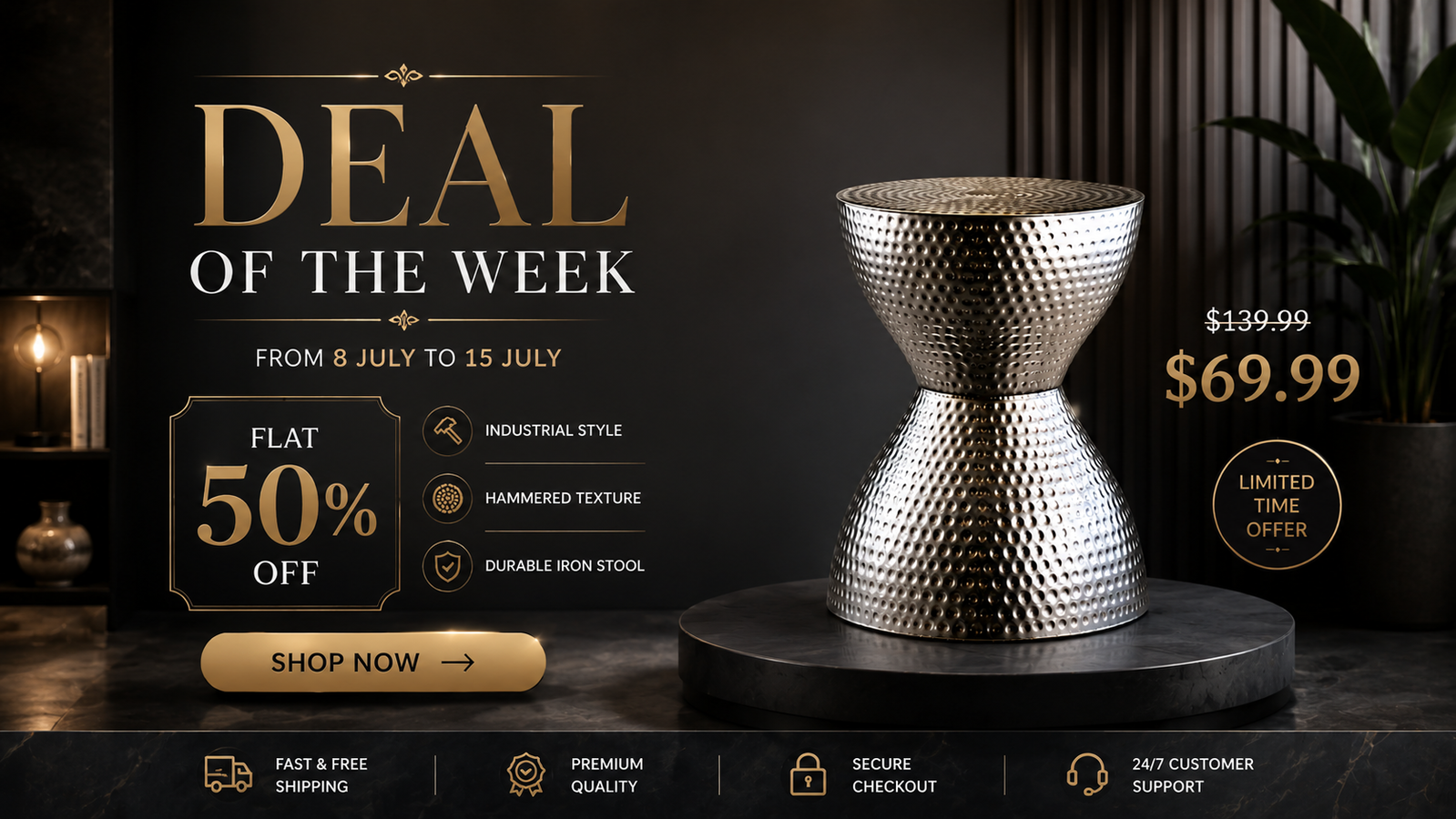Hammered Iron Hourglass Stool on a marble pedestal