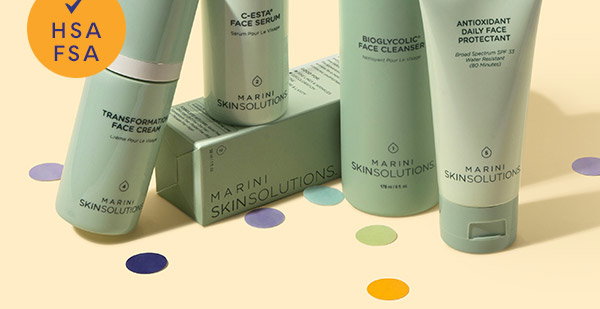 Marini SkinSolutions products arranged on a yellow background with colorful confetti falling from above