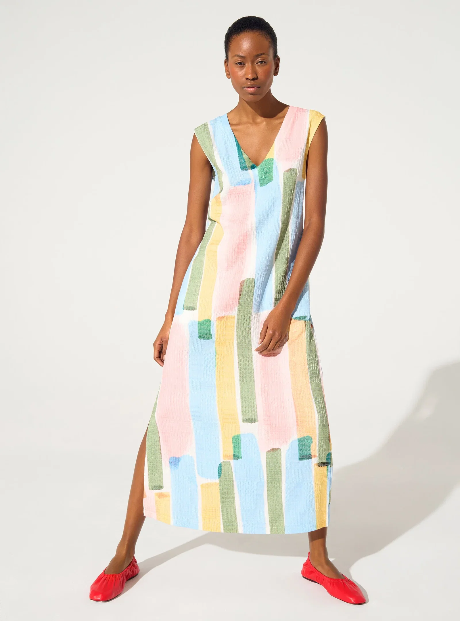 Image of Robe ajustée imprimée rayée jaune