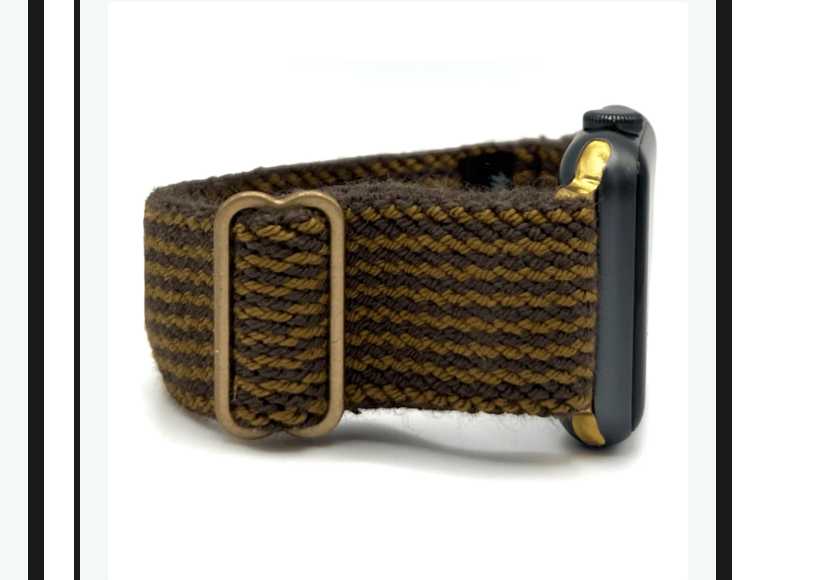 Close-up of an Apple Watch with a dark-roast striped organic cotton Braxley band (Espresso).