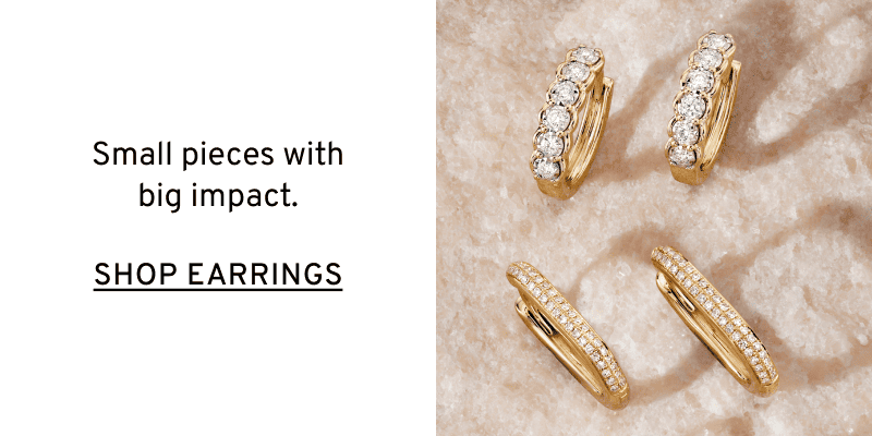 Two pairs of gold and diamond earrings on textured surface. Small pieces with big impact. Click to Shop Earrings