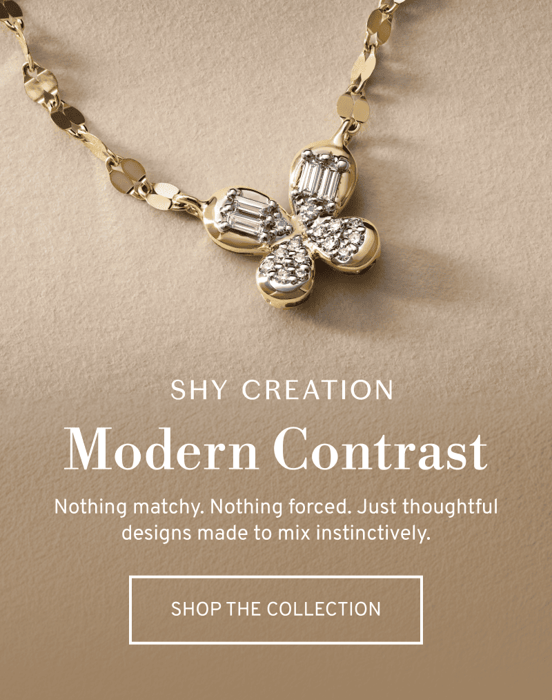 Gold necklace with diamond butterfly pendant. Shy Creation. Modern Contrast. Click to Shop The Collection
