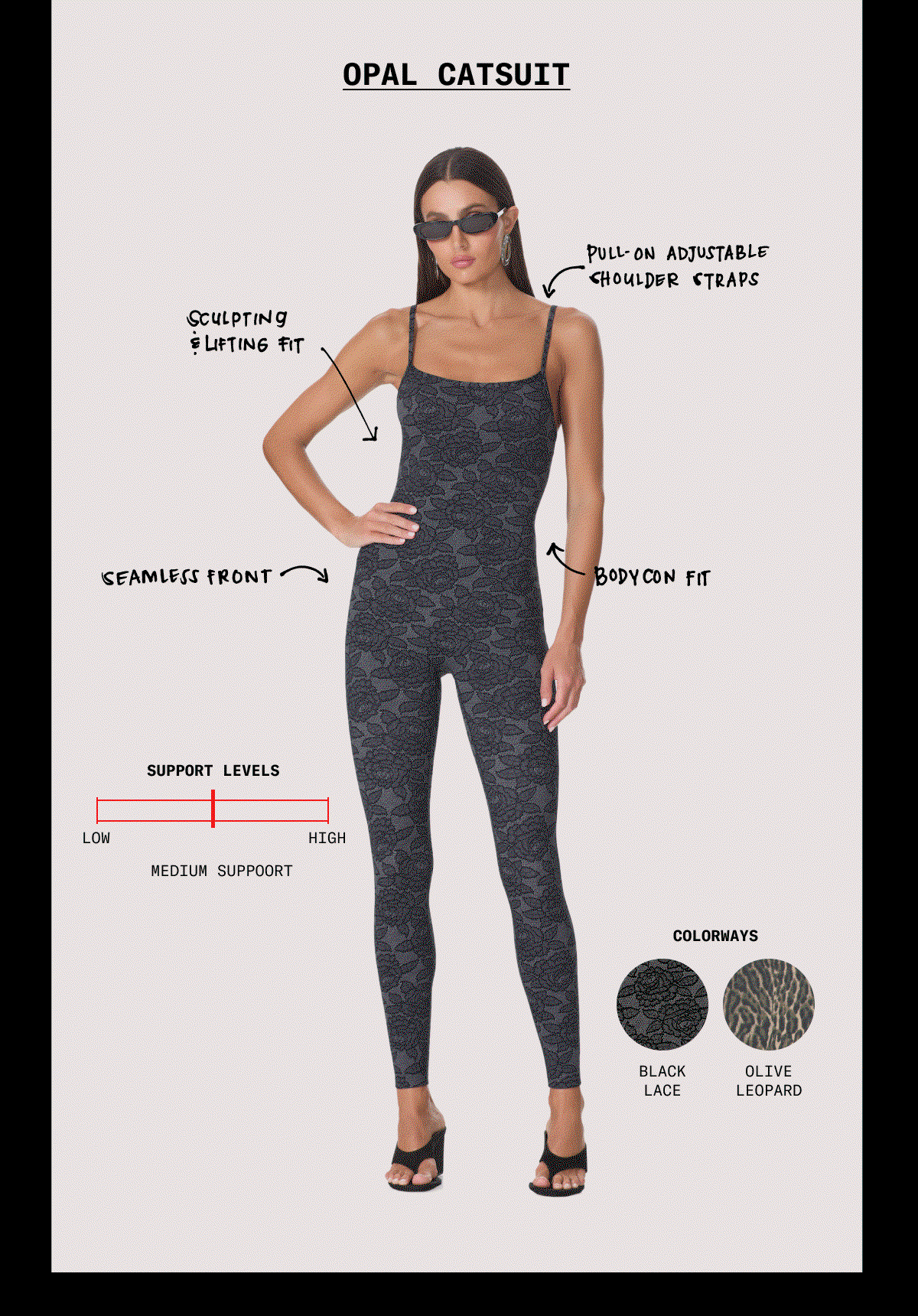 OPAL CATSUIT. OLINA BRA. BRODEN ELGGING.