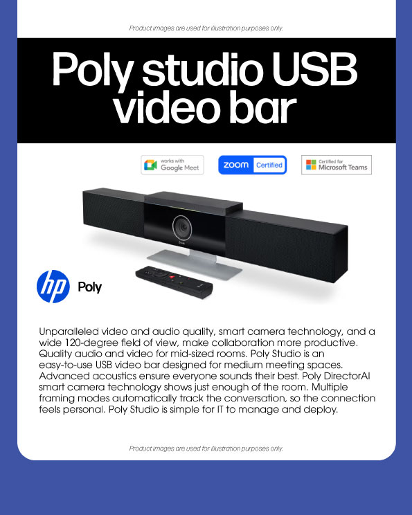 Poly Studio USB video bar - Unparalleled video and audio quality, smart camera technology and wide 120-degree field of view