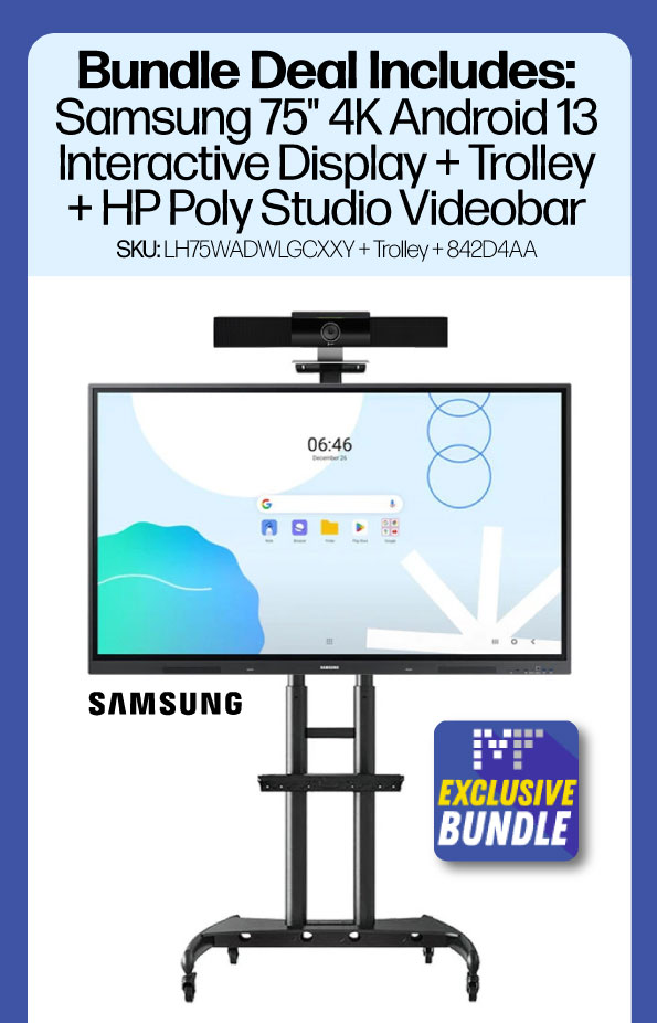 Bundle Deal Includes: Samsung 75" 4K Android 13 Interactive Display + Trolley + HP Poly Studio Videobar