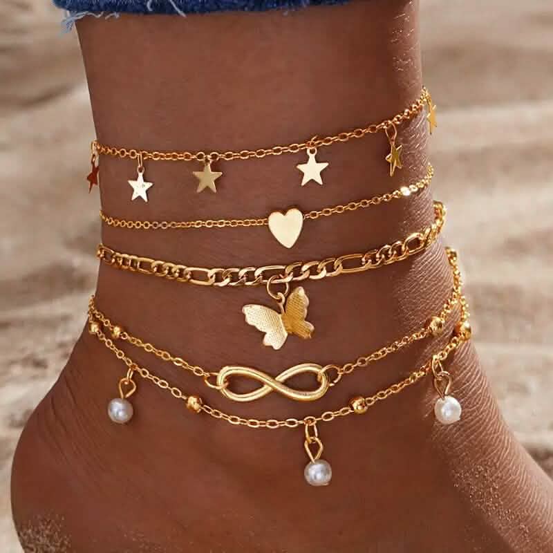 Image of 4-Pieces: Stackable Thin Chain Anklet Set