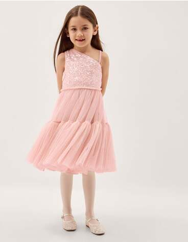 Asymmetrical Sequin Tulle Party Dress Pink