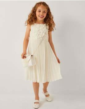 Delores Applique Floral Pleat Dress Ivory