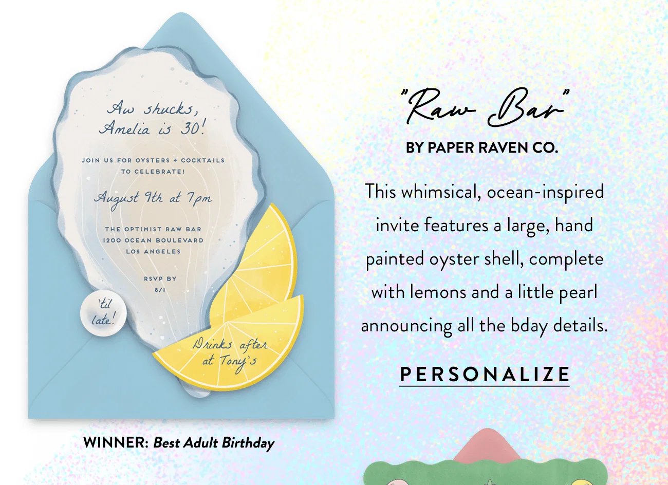Winner: Best Adult Birthday Design -- Raw Bar by Paper Raven Co. Get a closer look here.