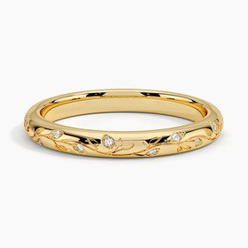 18K Yellow Gold Verdure Engraved Diamond Ring